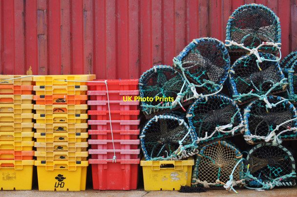 Photo 6"x4" Creels and fishboxes, Baltasound pier Baltasound c2014