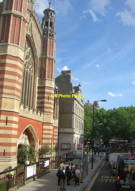 Photo 6"x4" Sloane Street looking south at Holy Trinity church, from the top deck of a bus Westminster c2014