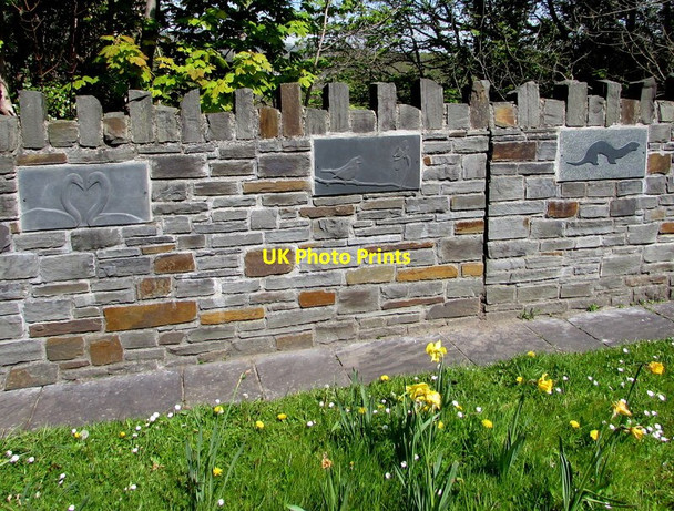 Photo 6"x4" Three wildlife tablets in a stone wall, Tonna Aberdulais c2016