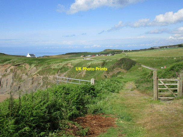 Photo 6"x4" Mwnt: car park, church and distant sea Y Ferwig c2015
