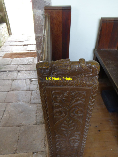 Photo 6"x4" Bench-end in Upton Hellions church Upton Hellions c2016