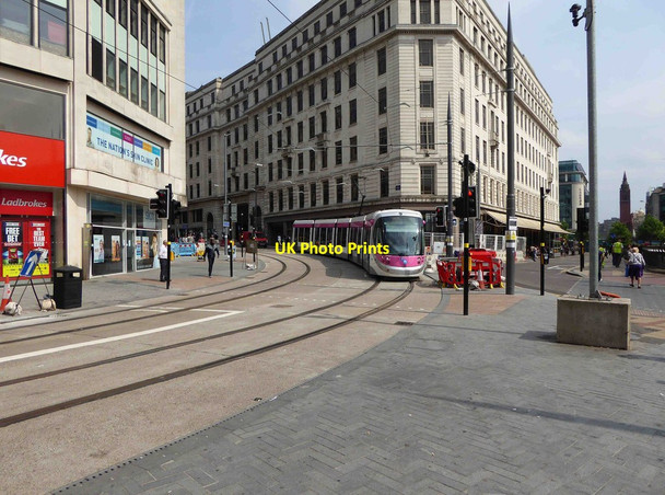 Photo 6"x4" Midland Metro tram no. 32 entering Corporation Street from Bull Street, Birmingham Birmingham c2016