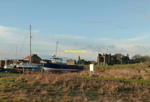 Photo 6"x4" Beached boats and Lindisfarne Priory Holy Island\/NU1241 c2016