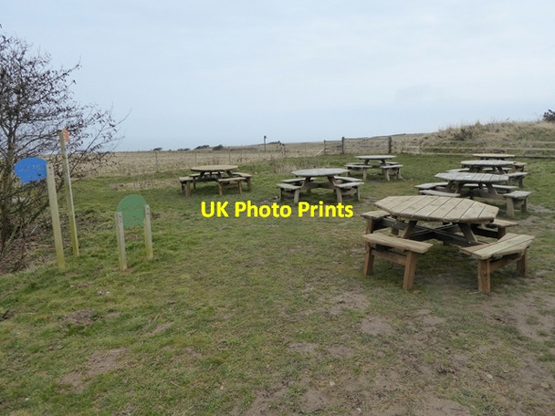Photo 6"x4" Picnic tables outside the RSPB Bempton Visitor Centre Bempton c2018