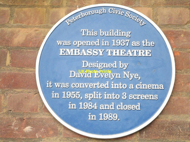 Photo 6"x4" Plaque on former Embassy Theatre Peterborough c2021