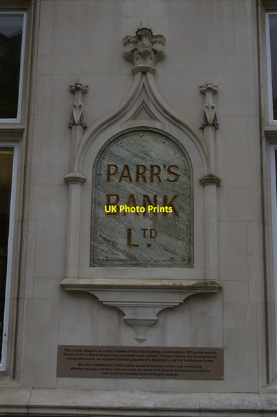 Photo 6"x4" Ipswich: plaque on former Parr's Bank building, Giles Circus Ipswich c2019