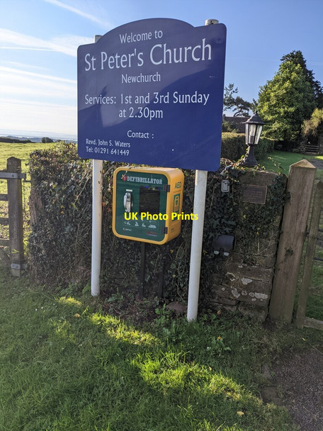 Photo 6"x4" Church nameboard and a defibrillator box, Newchurch, Monmouthshire Newchurch\/ST4597 c2021