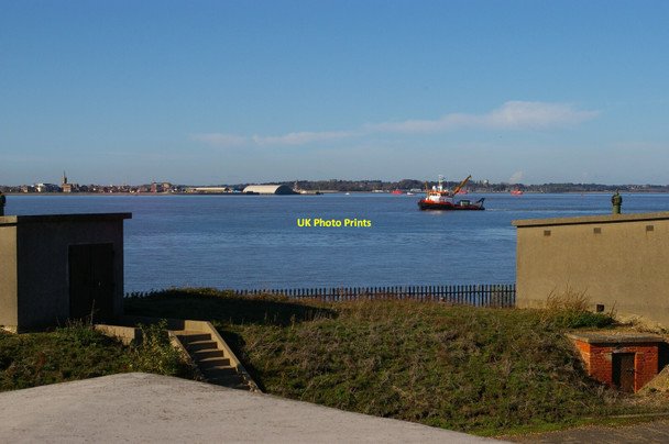 Photo 6"x4" Landguard Fort: view from the roof across to Harwich The Port of Felixstowe c2021