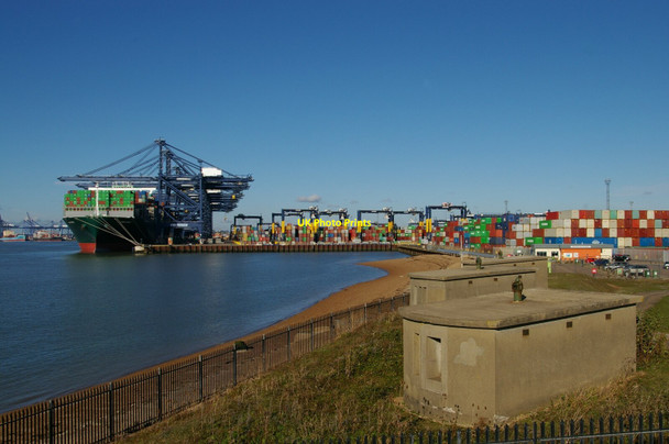 Photo 6"x4" Landguard Fort: view towards the Port of Felixstowe from Darell's Battery The Port of Felixstowe c2021