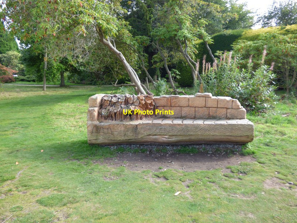 Photo 6"x4" Carved wooden bench at Chirk Castle Bronygarth c2016