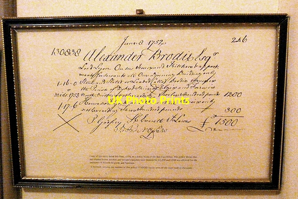 Photo 6"x4" Fire insurance certificate for Brodie Castle, dated 1754. Dyke\/NH9858 c2009