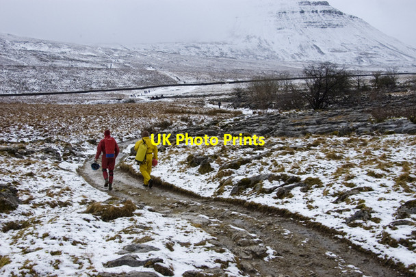 Photo 6"x4" Cavers on the path to Ingleborough Chapel-le-Dale c2010