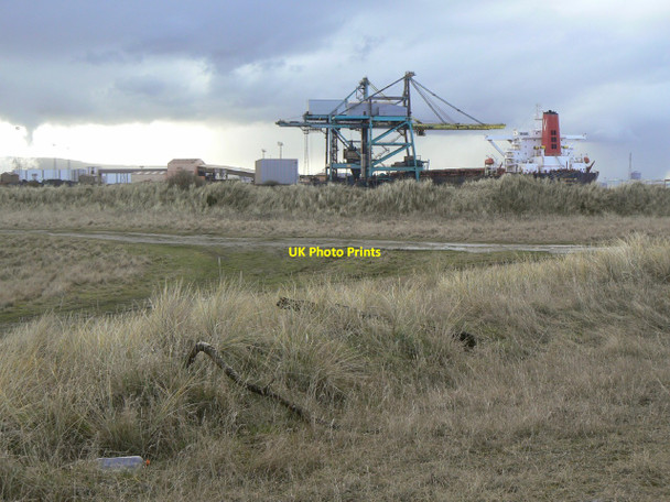 Photo 6"x4" Dunes, cranes and ship Seaton Carew c2010