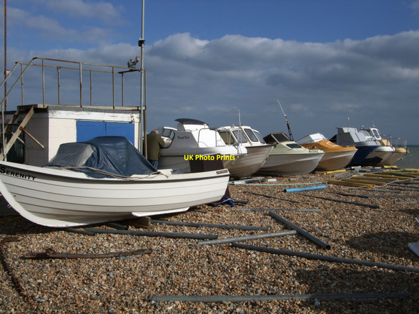 Photo 6"x4" Fishing boats on Eastbourne Beach Roselands c2010