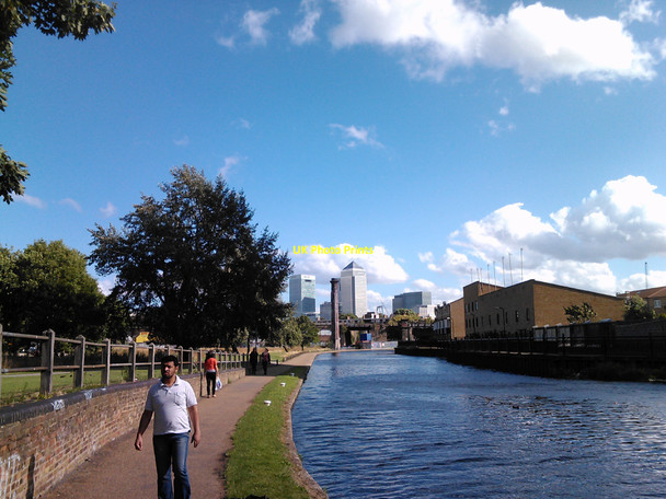 Photo 6"x4" Sewage ventilation column and Canary Wharf viewed from the Regent's Canal towpath Bow\/TQ3682 c2010