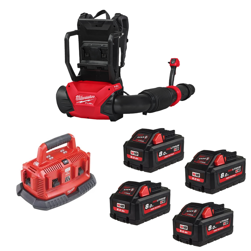 Milwaukee M18 Fuel F2BPB-124 Dual-Battery Backpack Blower Kit (4x 8ah battery &amp; 6 bay charger)