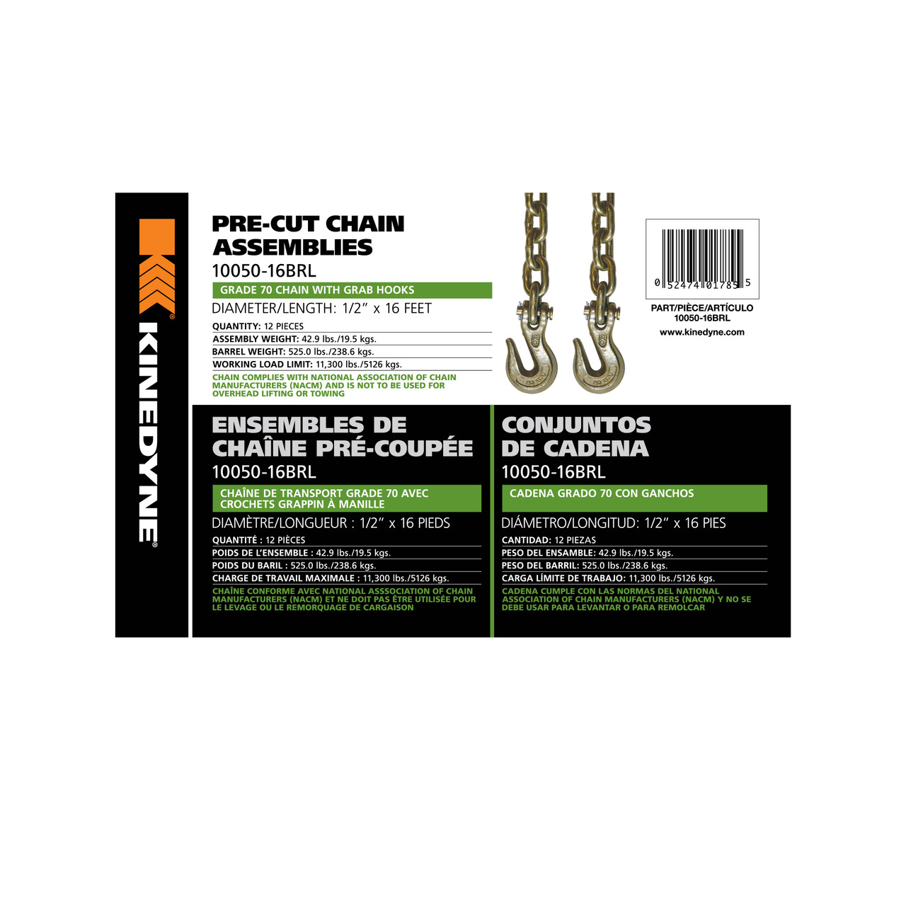 Kinedyne 1/2" by 16' Grade 70 Grab Hook Chain Assembly - 12 Per Barrel Transport Grade 70 Chain