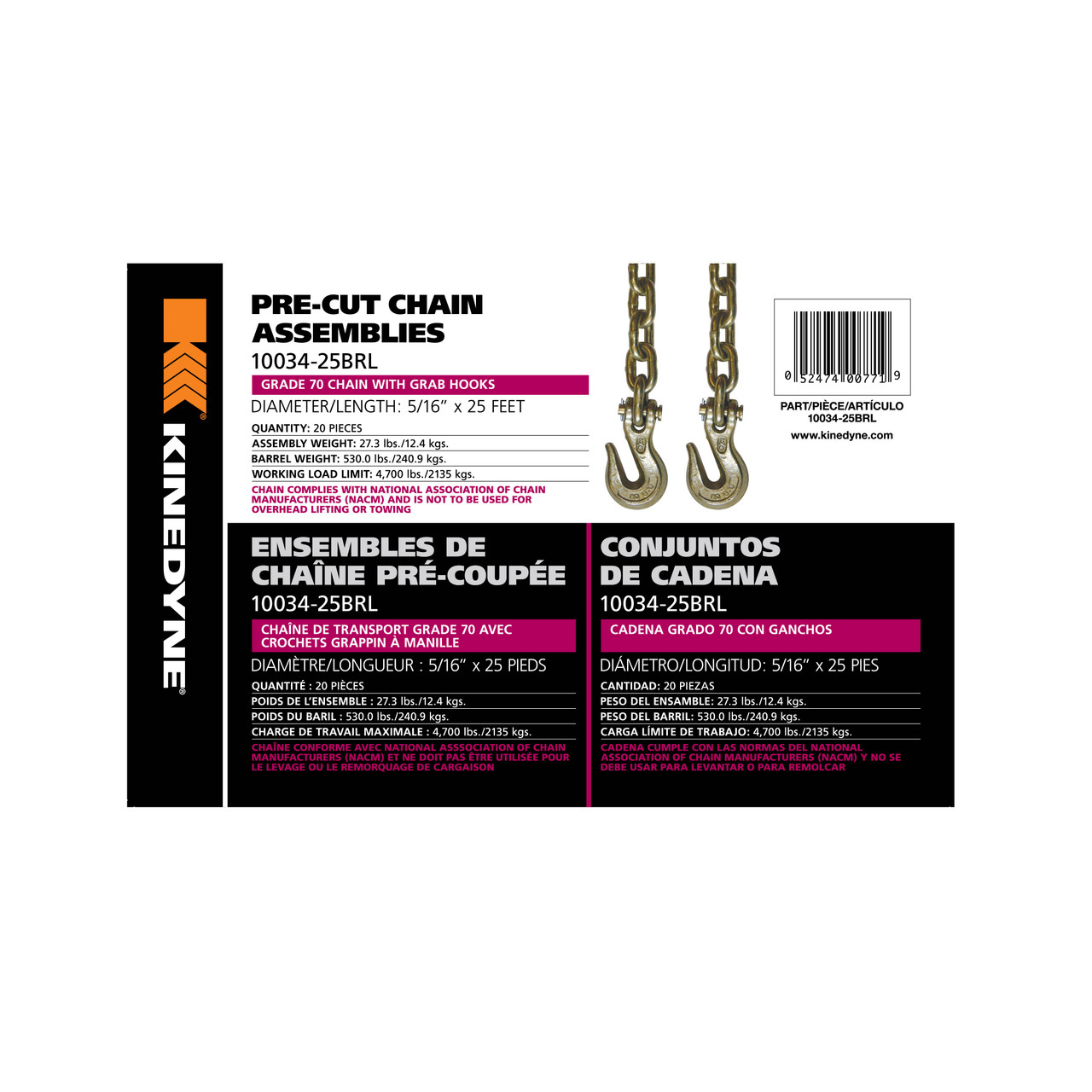 5/16" by 25' Grade 70 Grab Hook Chain Assembly - 20 Per Barrel