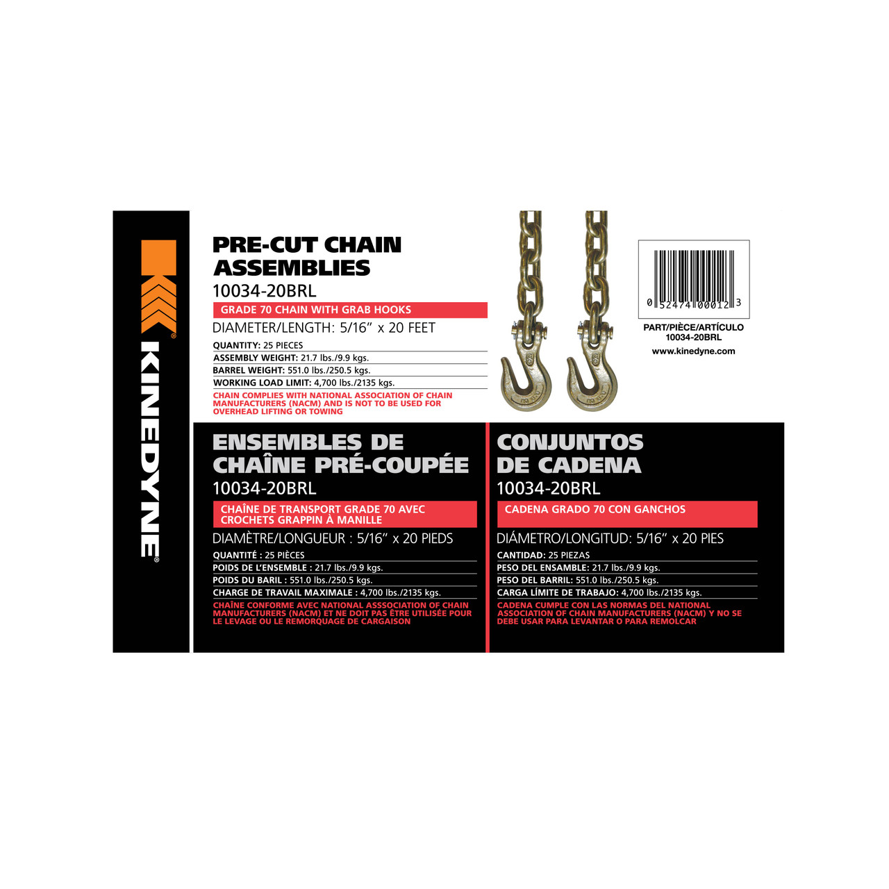 5/16" by 20' Grade 70 Grab Hook Chain Assembly - 25 Per Barrel