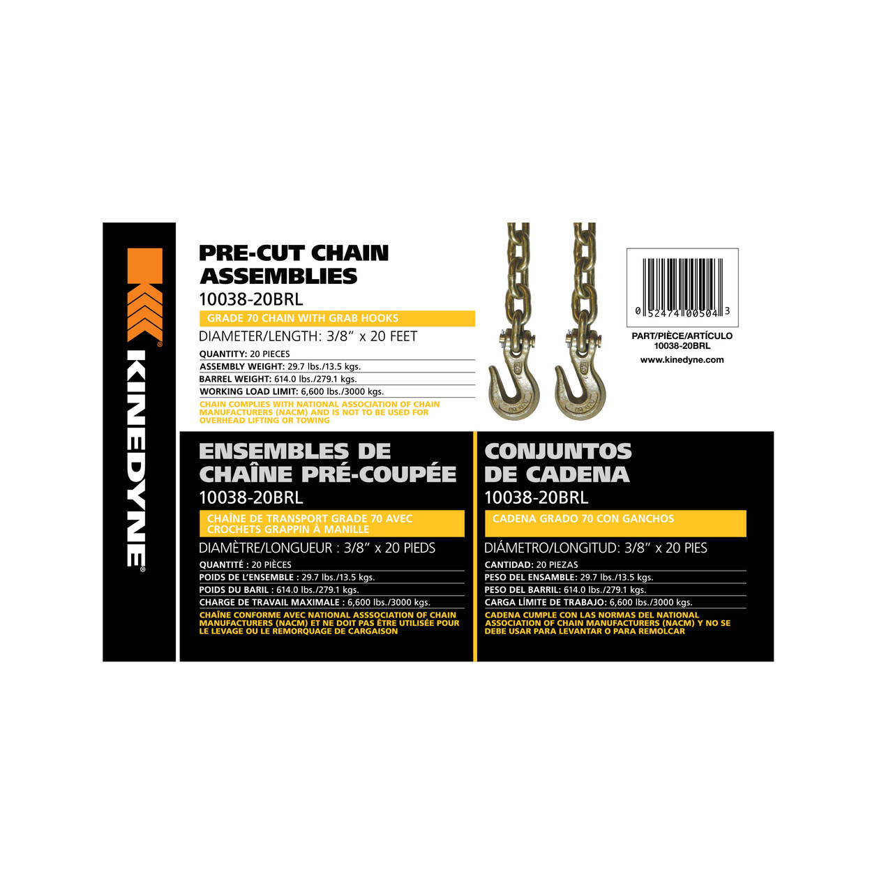3/8" by 20' Grade 70 Grab Hook Chain Assembly - 20 Per Barrel