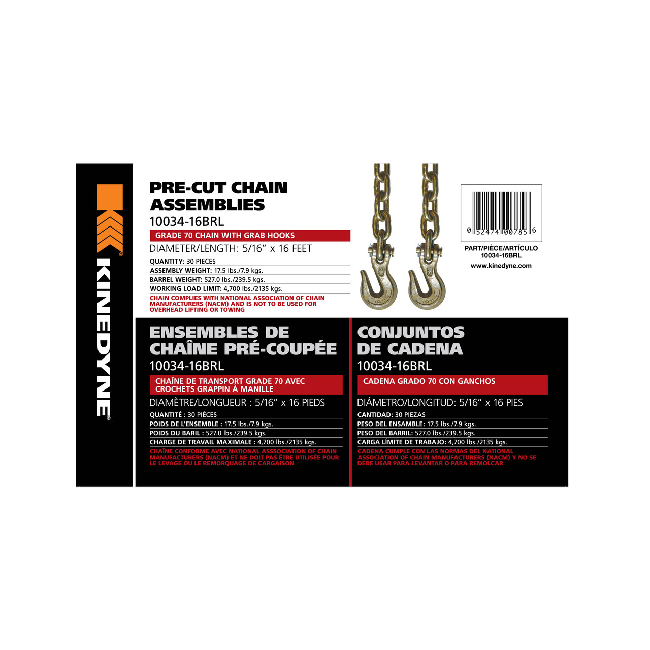 5/16" by 16' Grade 70 Grab Hook Chain Assembly - 30 per Barrel