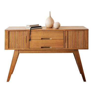 Wooden-sideboard-table-with-books-vase