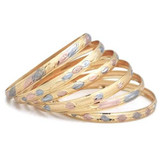 18K Gold Plated (Layered) Diamond Cut Solid Fashion Bangle Bracelets 6Pcs 3 Tone