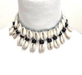 Freya Braided Cotton Necklace with Cowrie Shell and Black Beads 