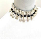 Freya Braided Cotton Necklace with Cowrie Shell and Black Beads 