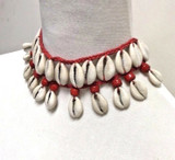 Cowrie Shell Necklace Choker Surfer Boho Festival Red Glass Beads Accents