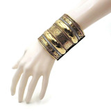 Sharifa Three Tone Brass Cuff Bracelet with Floral Accent - 3"