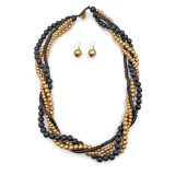 Winona Multi Strand Twisted Wood Necklace with Matching Earrings | Black & Gold