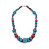 Urika Fashionable Wood Bead Necklace - Red & Turquoise Tone