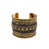 Jiera Gypsy Fashion Style Ornate Gold Plated Brass Cuff Bracelet  with Patina Finish