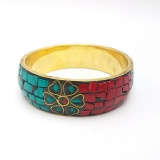 Tribal Red Coral Turquoise Chips Bangle Brass Bracelet Jewerly