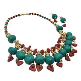 Anaka Clay Beads Necklace Earring Set - Turquoise and Coral Tone Beads