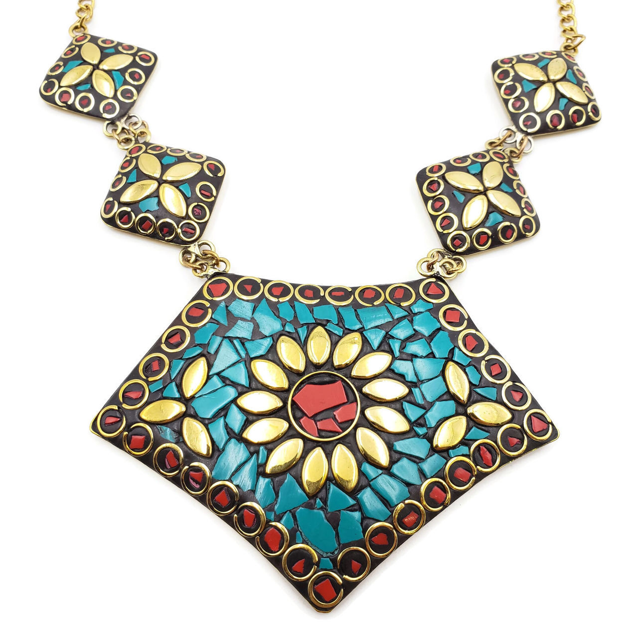 Mosaic Chips Brass Pendant and Earrings Set