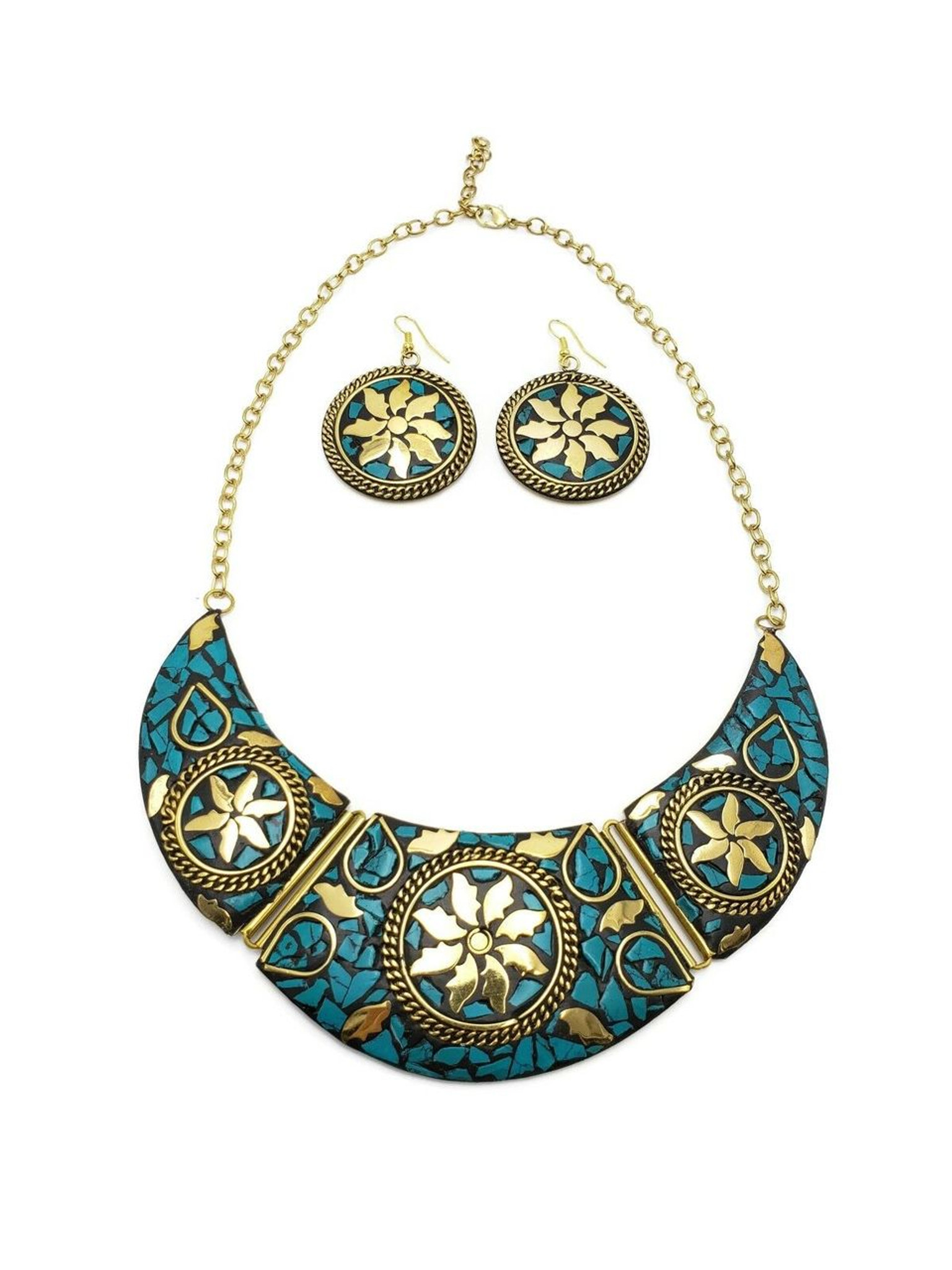 Bajalia Jewelry Tibetan Solid Brass Bib Collar Coral Turquoise Necklace Set