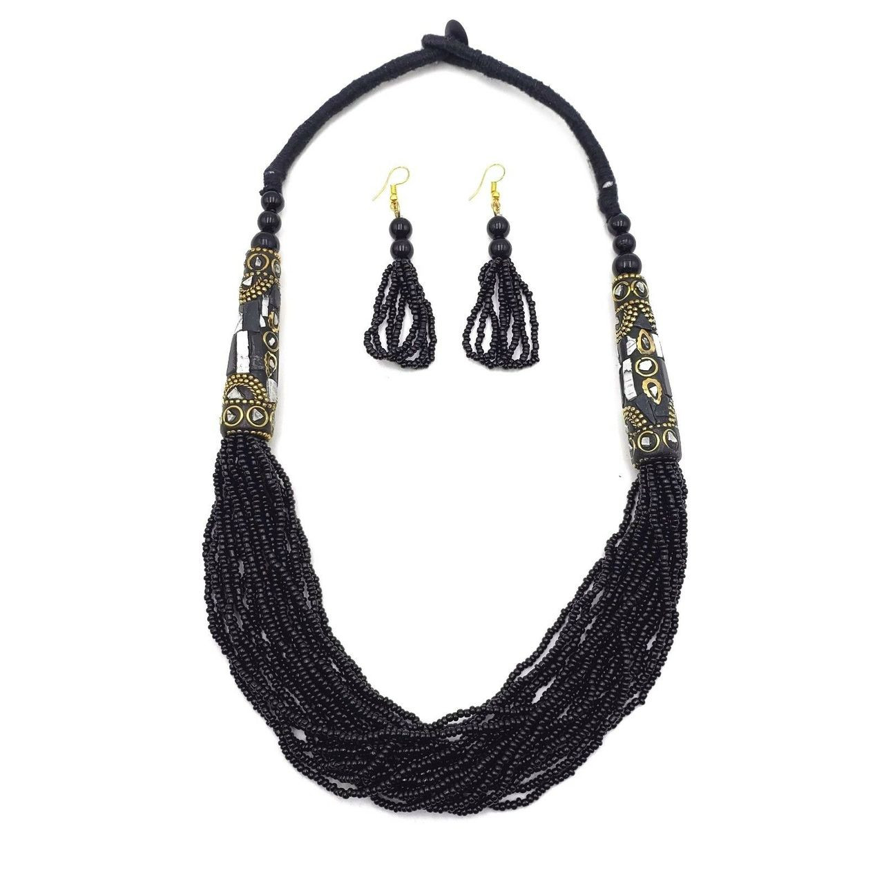 Baji Multi Strand Seed Bead Necklace with Mosaic Brass Charms