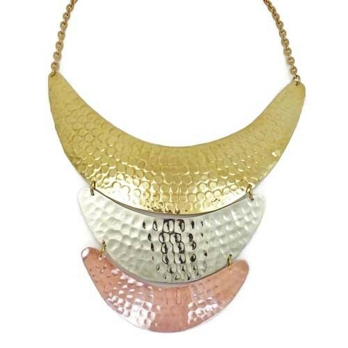 Amelie Boho Fashion Three Tone Statement Hammered Bib Necklace 