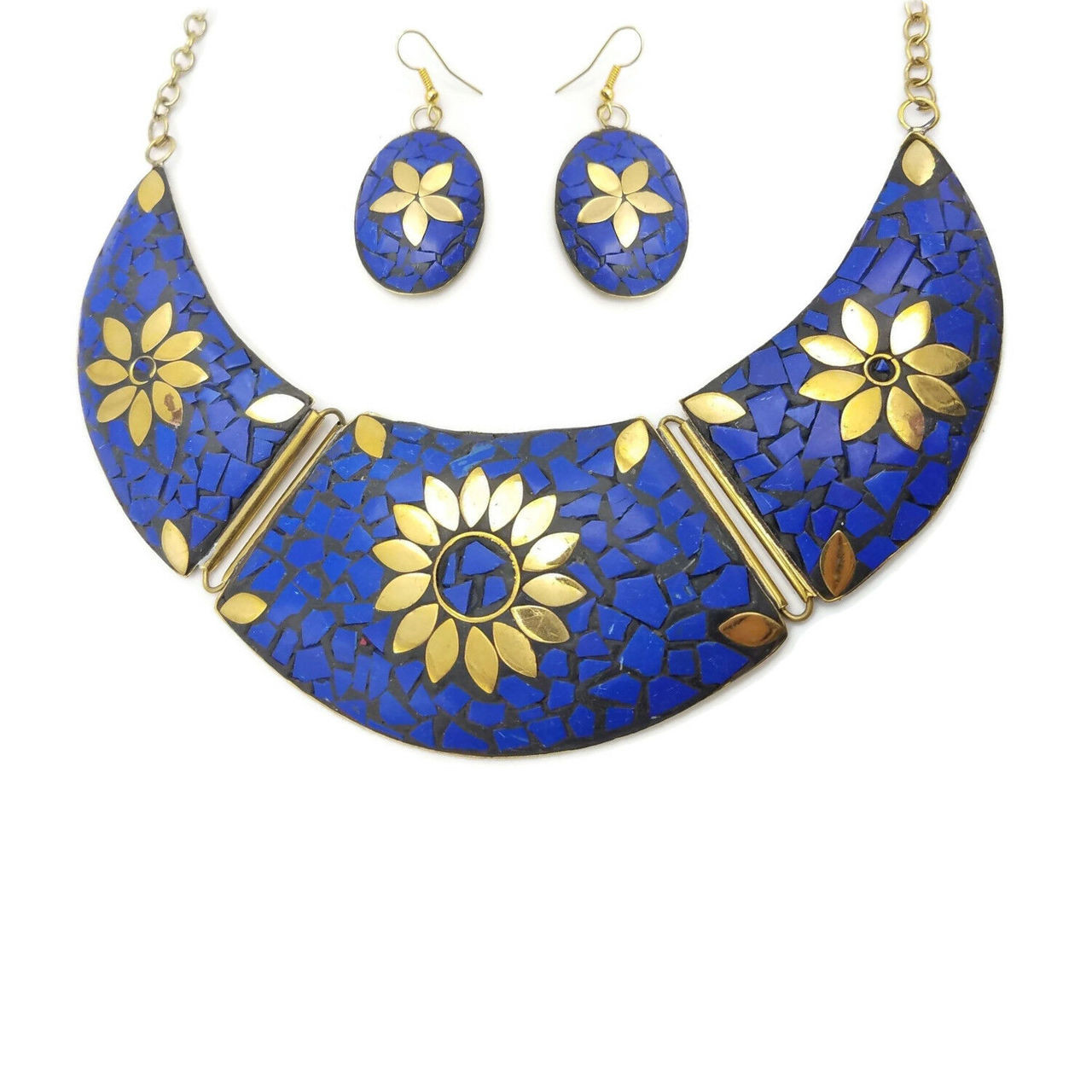 Calithea Tibetan Fashion Inspired Bib Necklace Set  with Dangle Earrings | Blue & Gold