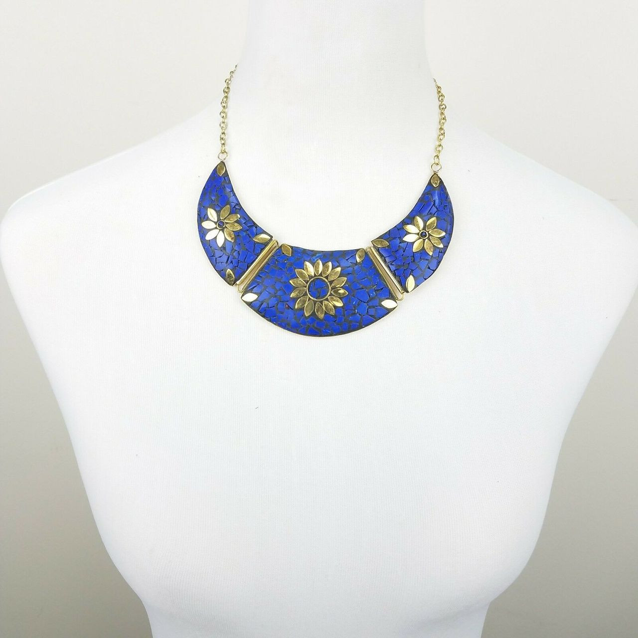 Calithea Tibetan Fashion Inspired Bib Necklace Set  with Dangle Earrings | Blue & Gold