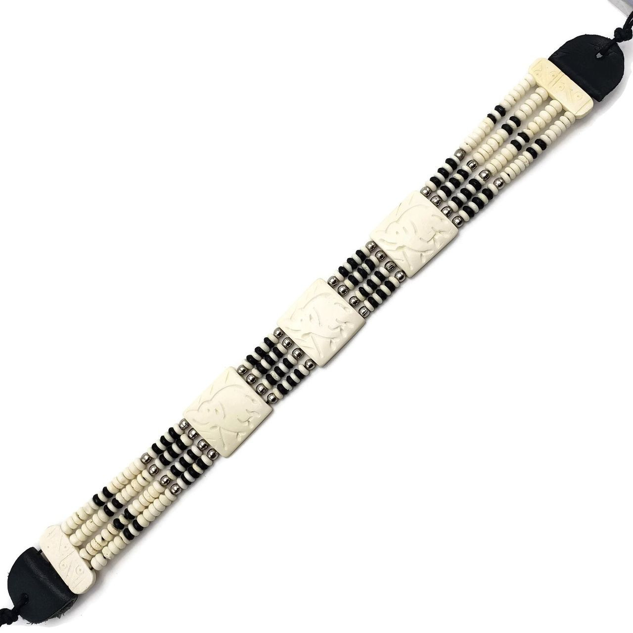 Paloma Native American Square Buffalo Bone Choker with Elephant Carvings in Leather Binding