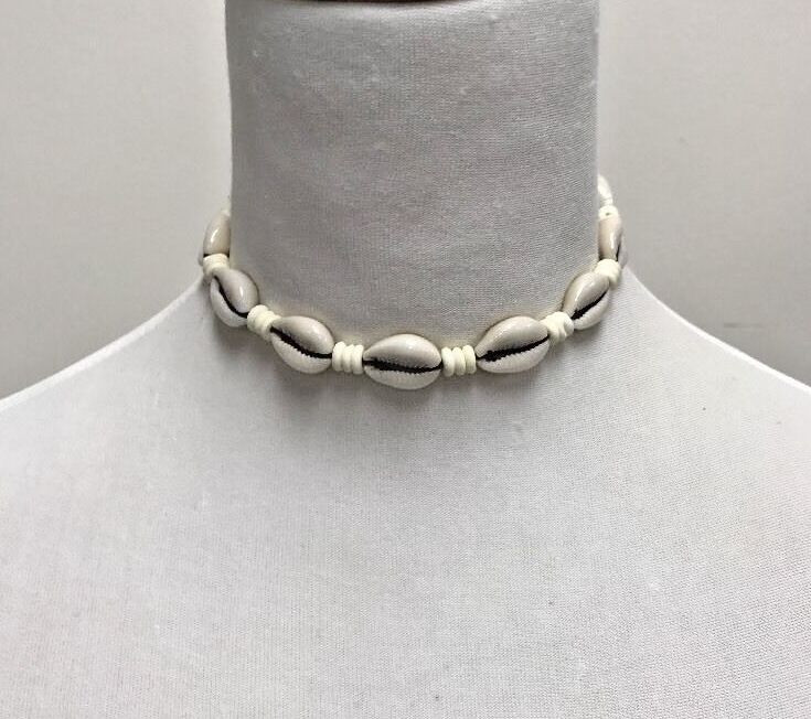 Cowrie Shell Necklace Choker Surfer Boho Festival - White on Black