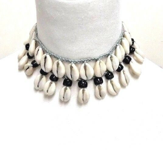 Freya Braided Cotton Necklace with Cowrie Shell and Black Beads 