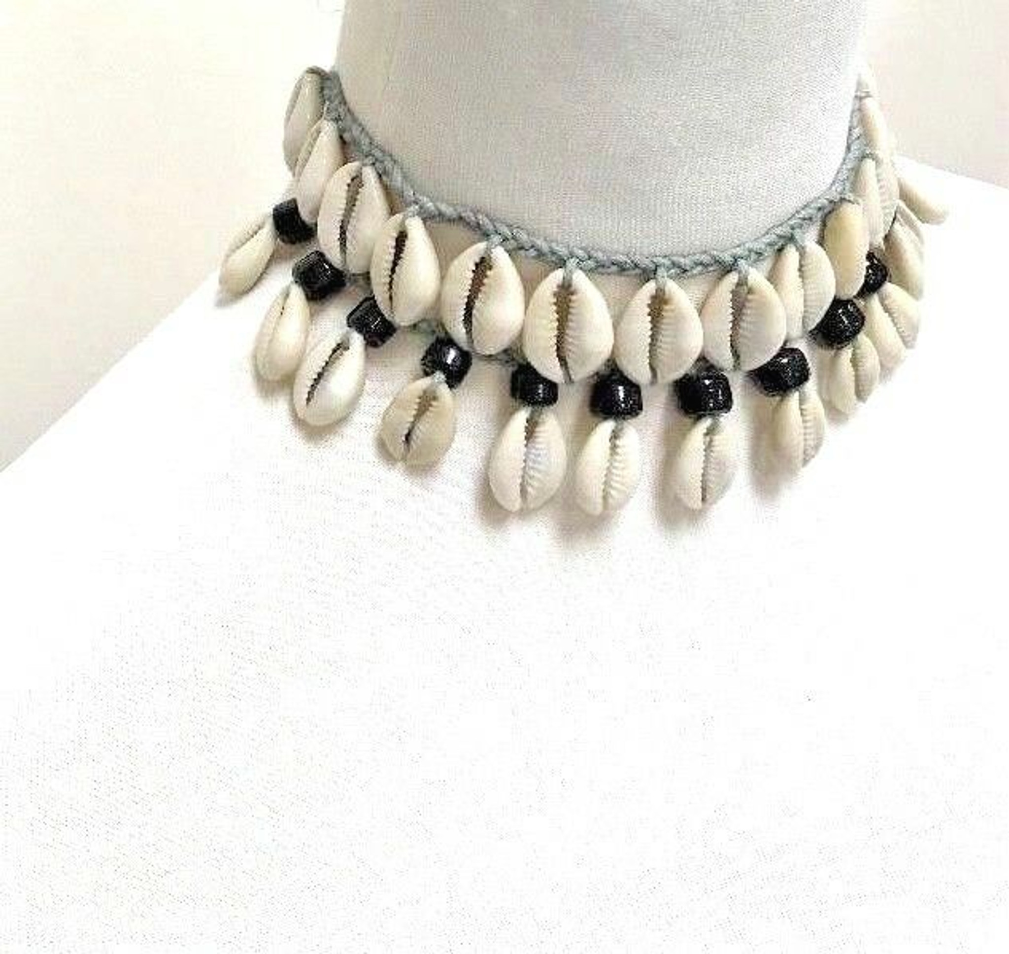 Freya Braided Cotton Necklace with Cowrie Shell and Black Beads 