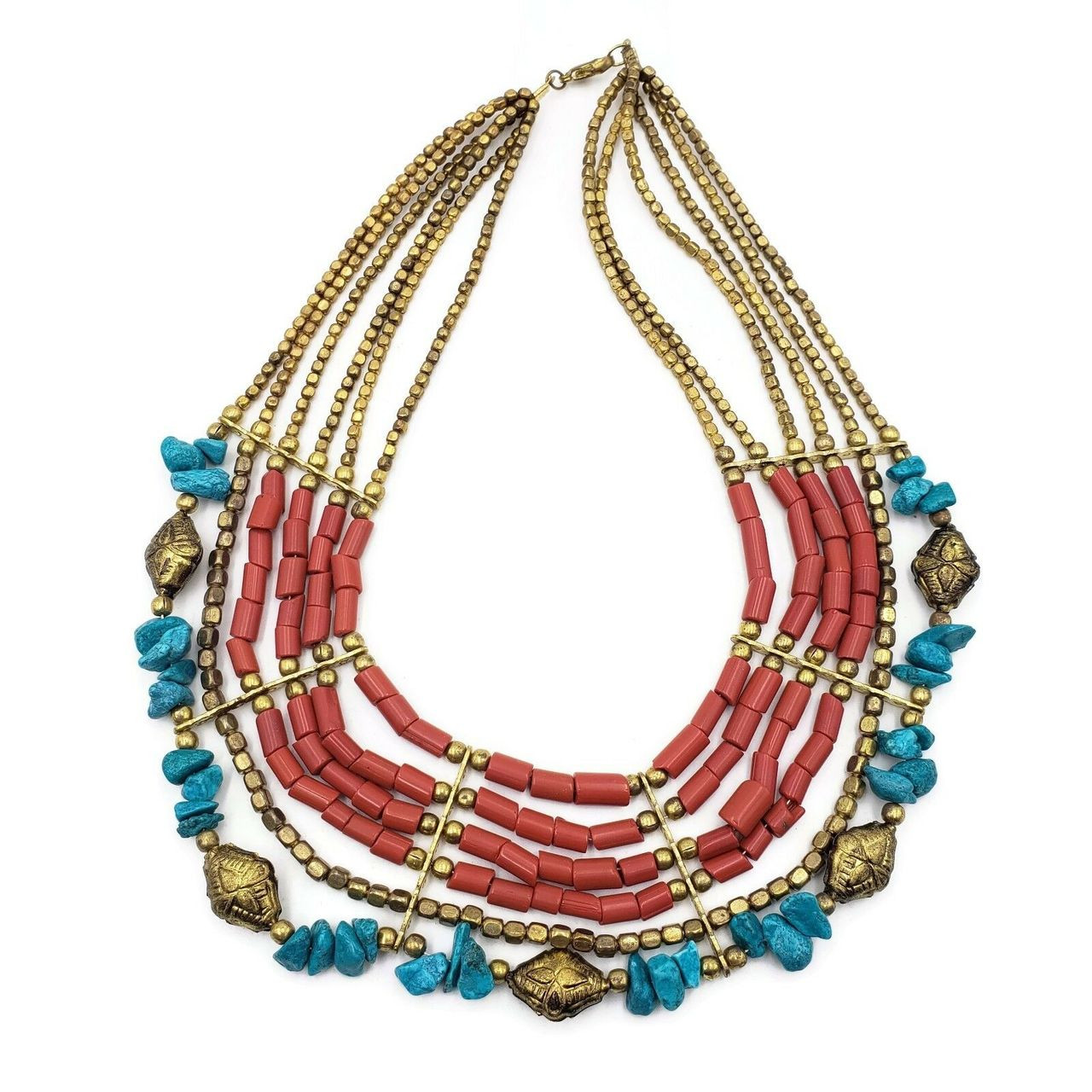Constance Ethnic Multi Strand Bone and Gold Metal Beads Necklace