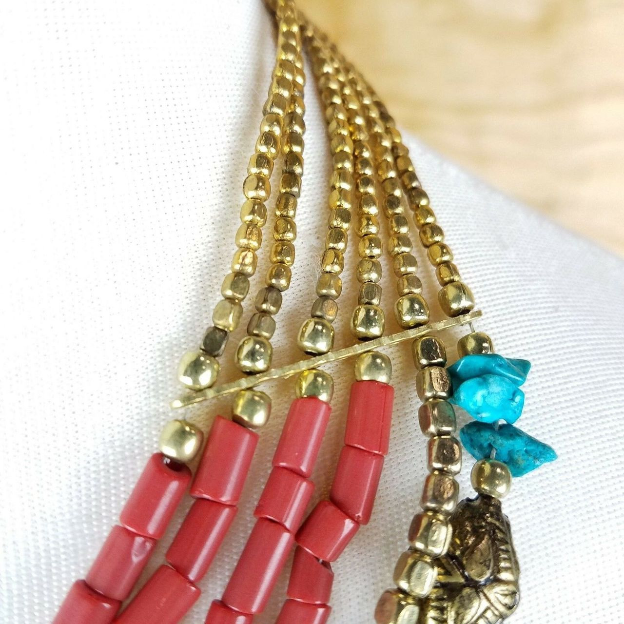 Constance Ethnic Multi Strand Bone and Gold Metal Beads Necklace