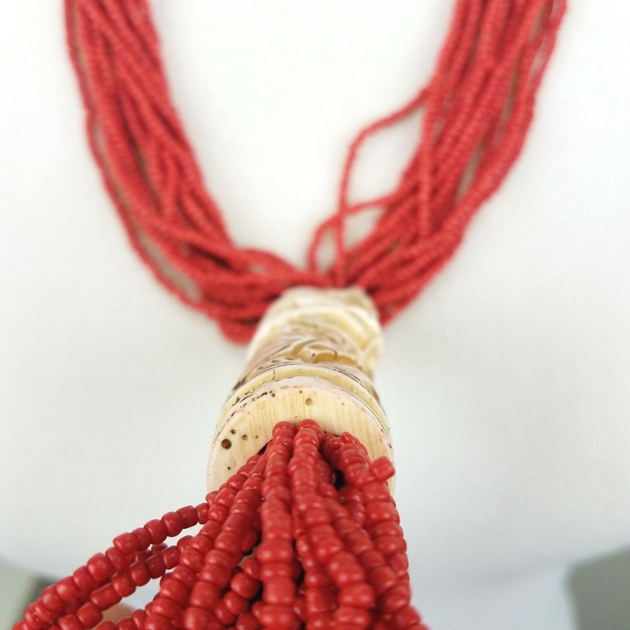 Duana Seed Bead Necklace with Carved Elephant Buffalo Bone Pendant