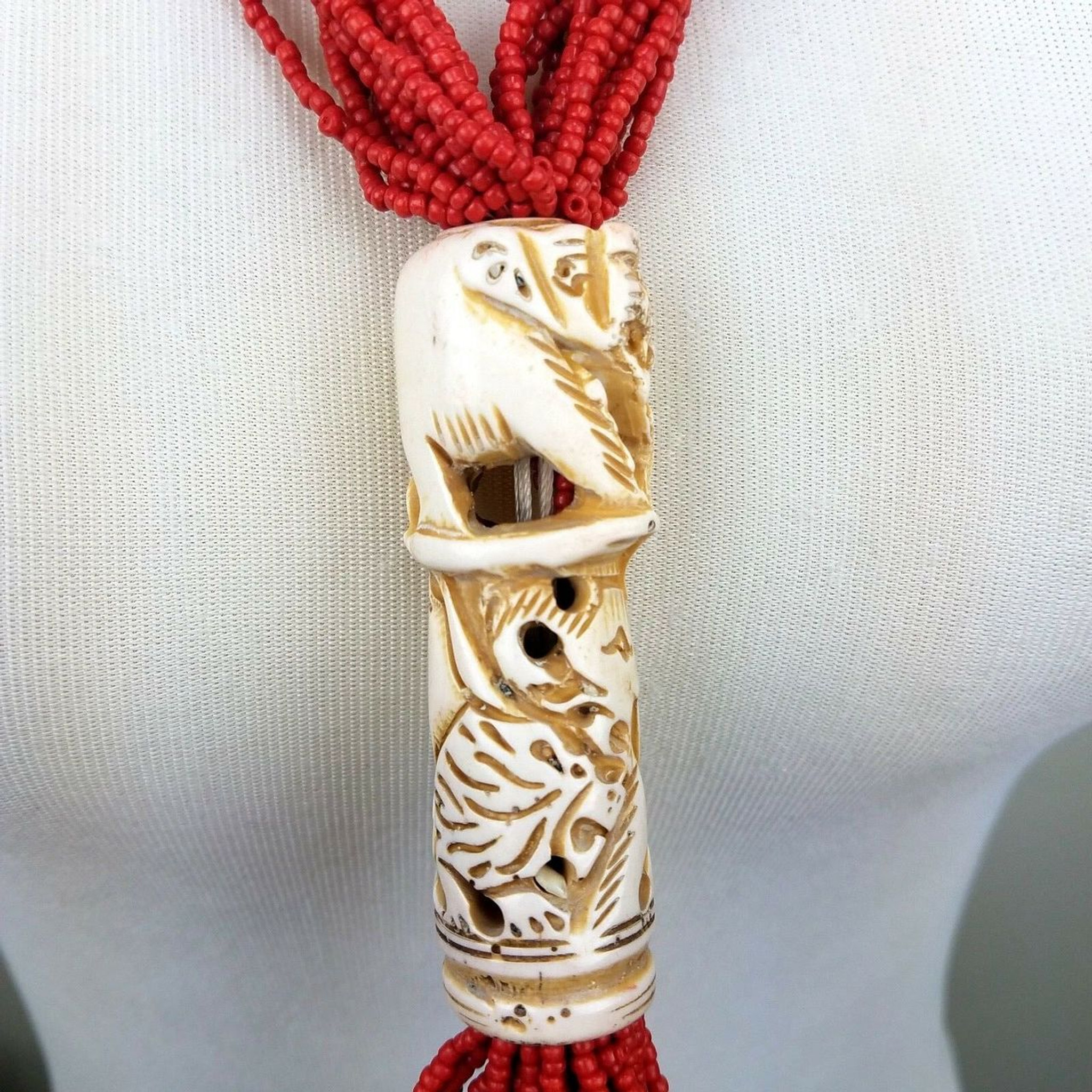 Duana Seed Bead Necklace with Carved Elephant Buffalo Bone Pendant